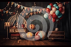 Vintage Circus as photography backdrop balloons and circus items, circus party