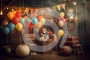 Vintage Circus as photography backdrop balloons and circus items, circus party