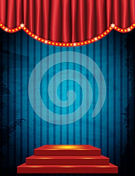 Vintage circus background with Red curtain and podium