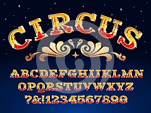 Vintage circus font. Victorian carnival headline signage. Typeface steampunk alphabet sign vector illustration