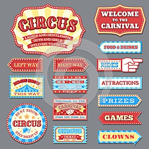 Vintage circus labels and carnival signboards vector collection