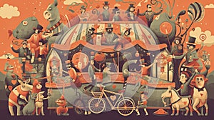 Vintage circus poster with cartoon characters. Vector illustration for your design