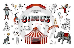 Vintage circus, retro carnival clowns. Acrobat human characters, body design, tent top. Juggler and animals. Welcome