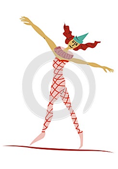 Vintage circus ropewalker. Actors performance. Acrobat or equilibrist, illustration.