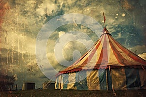 Vintage circus tent against cloudy sky