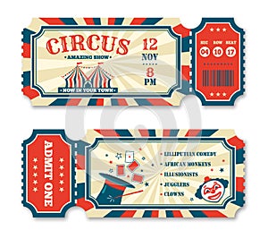 Vintage circus ticket template, old carnival entry tickets. Retro magic show invitation, fairground or amusement park