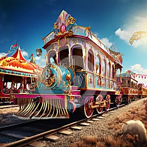 vintage circus train with colorful carriages and circus animal photo