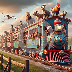 Vintage circus train with colorful carriages and circus animal photo