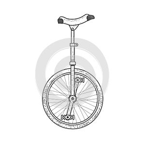 Vintage circus unicycle, one wheel bicycle, monowheel bike in graphic style