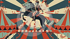 A vintage circusinspired design featuring a lion tamer on horseback surrounded by circus tent stripes and bold