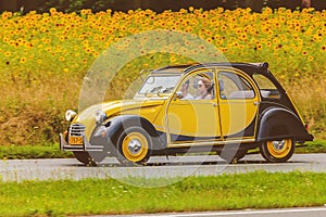 Vintage Citroen 2CV in front of a field with blooming sunflowers