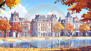 Vintage city autumn street with european colonial Victorian buildings and lake promenade. Retro style cityscape of a