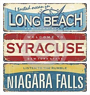 Vintage city mark. Vintage tin sign collection with US cities. Long Beach. Syracuse. Niagara Falls.