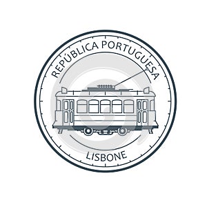 Vintage city tram - tramway in Lisbon, Portugal emblem, retro tramcar