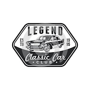 Vintage classic car club logo badge design. Old retro style community label vector template