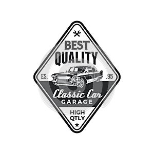 Vintage classic car repair garage logo badge design. Old retro style label vector template