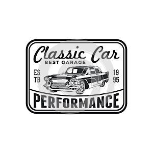 Vintage classic car repair garage logo badge design. Old retro style label vector template