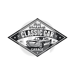 Vintage classic car repair garage logo badge design. Old retro style label vector template