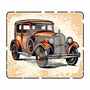 Vintage Classic Car In Woodcut-inspired Vector Frame photo