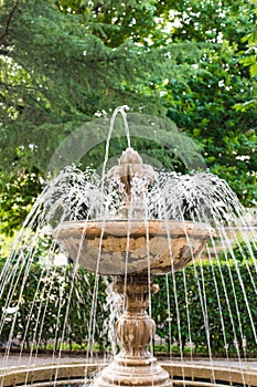 Vintage classic fountain decoration in green garden