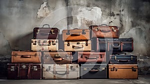Vintage classic outdated trunks luggage with tags, old antique leather suitcases tower front concrete wall background. Generative