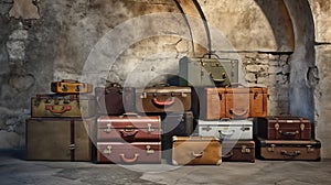 Vintage classic outdated trunks luggage with tags, old antique leather suitcases tower front concrete wall background. Generative