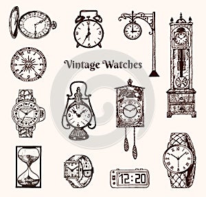 Vintage classic pocket watch, alarm clock, hourglass and dial showing time. Ancient collection elements. Engraved hand