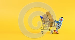 Vintage classic robot and online shopping concept with shopping cart
