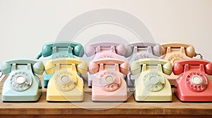 Vintage classic rotary dial phones. Pastel colour palette. Retro concept. Generative AI