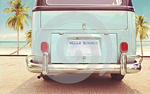 Vintage classic van parked side beach in summer