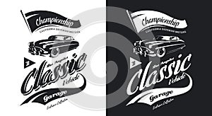 Vintage classic vehicle black and white isolated vector logo.