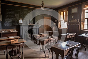 a vintage classroom with chalkboards and wooden desks, preparing for another day of learning