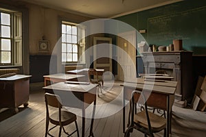 a vintage classroom with chalkboards and wooden desks, preparing for another day of learning