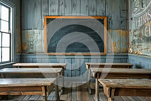 Vintage Classroom Interior with Wooden Desks and Blackboard in Old School House