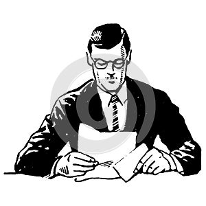 Vintage Clipart 133 Business Man Reading Document At His Desk