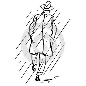 Vintage Clipart 163Man in Trenchcoat Walking in Rain