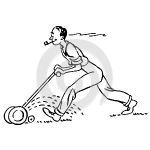 Vintage Clipart 169 Cartoon Man Mowing Lawn