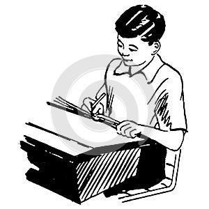 Vintage Clipart 43 Boy Sitting at Desk in School Classroom photo