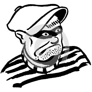 Vintage Clipart 226 Burglar Robber Face with Jail Shirt and Beret