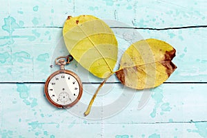 vintage clock and autumn walnut leaveson blue paint wood background