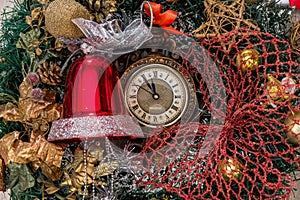 Vintage clock with christmas decorations, close up