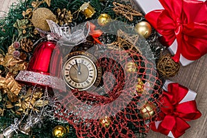 Vintage clock with christmas decorations, close up