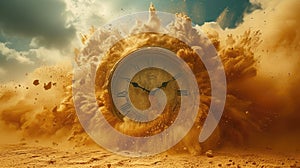 Vintage clock in desert during sand storm, surreal scene with motion of old dial on dust background. Concept of time, art, history