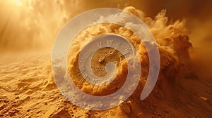 Vintage clock in desert during sand storm, surreal scene with motion of old dial on dust background. Concept of time, art, nature