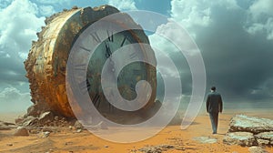 Vintage clock in desert, surreal scene with lone man, sky and old dial in summer. Concept of time, art, history, business, nature