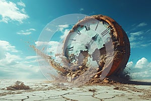 Vintage clock in desert, surreal scene with motion of sand and old dial in summer. Concept of time, waste, history, drought,