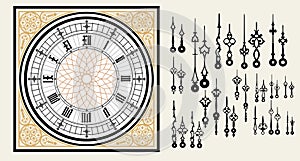 Vintage Clock dial with set hands in the Victorian style. Vector editable template photo