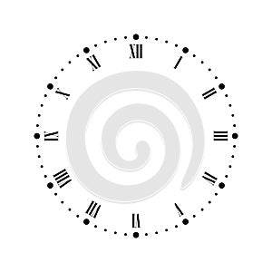 Vintage clock face with Roman numbers. Dots mark minutes and hours. Simple flat vector illustration