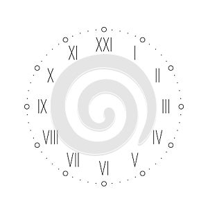 Vintage clock face with Roman numbers. Dots mark minutes and hours. Simple flat vector illustration