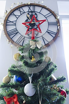 Vintage Clock Face with Roman Numeral with Christmas Tree